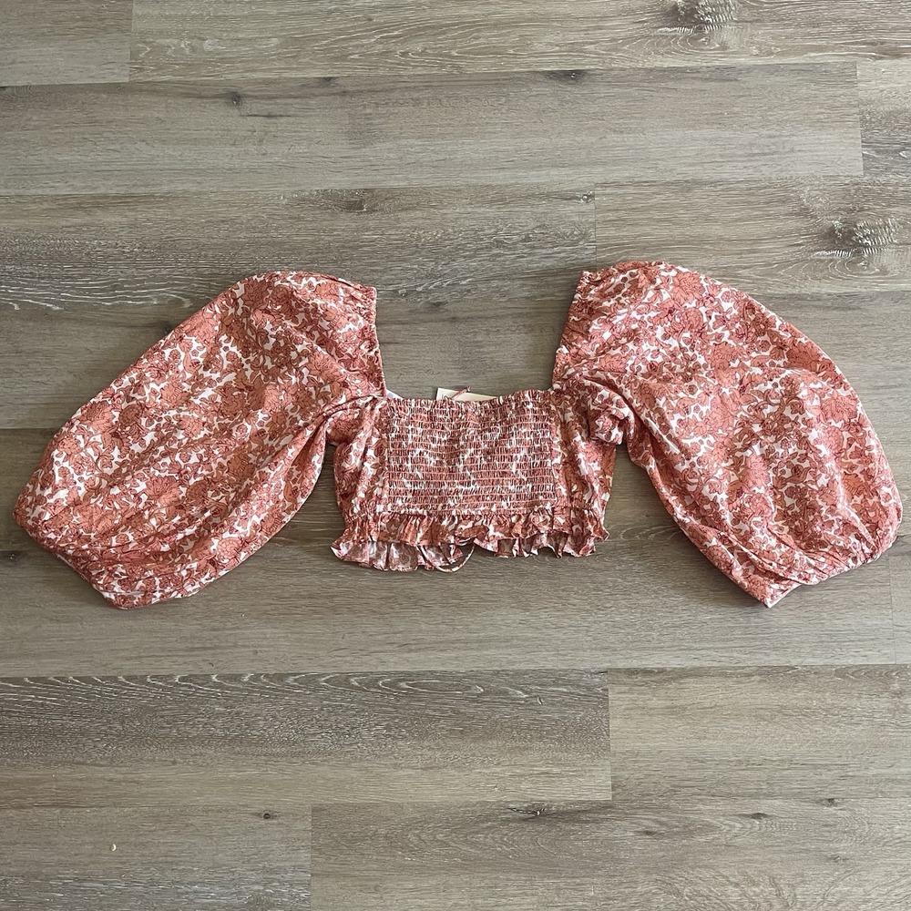 Elan Puff Sleeve Crop Top Medium Salmon Cinched Smocking Tie Front Blouse NWT - Picture 10 of 10